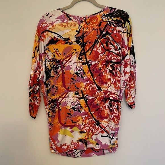 MULTIPLES Soft Knit Dolman Sleeve Top Blouse Floral Paint Design Pink Orange M - Picture 6 of 6